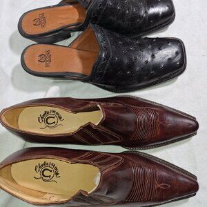 black Nocona, brown Charlie Mules and Clogs with Textured Leather and Ostrich